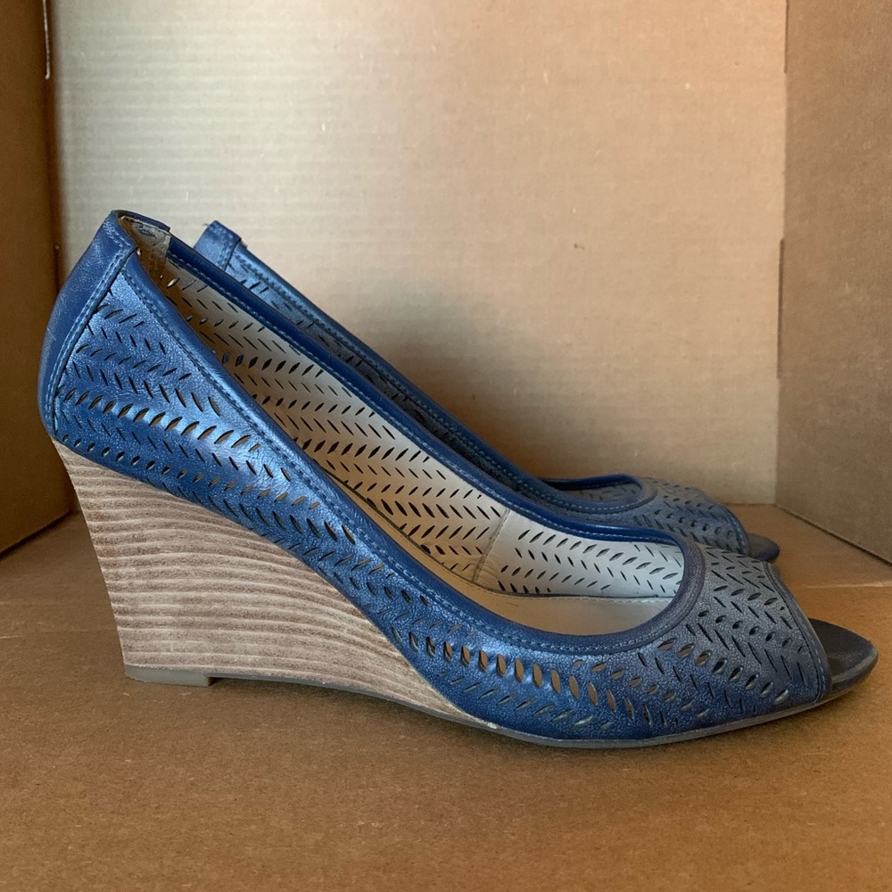 Franco Sarto Blue Peeptoe Wedges - 8.5